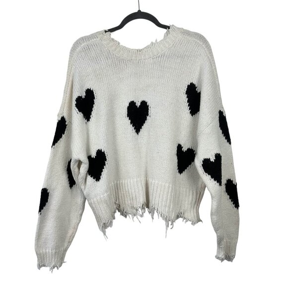 WILDFOX Heart Sweater Sz Small White Black V Neck Oversized Fringe Raw Hem Knit - Picture 3 of 13